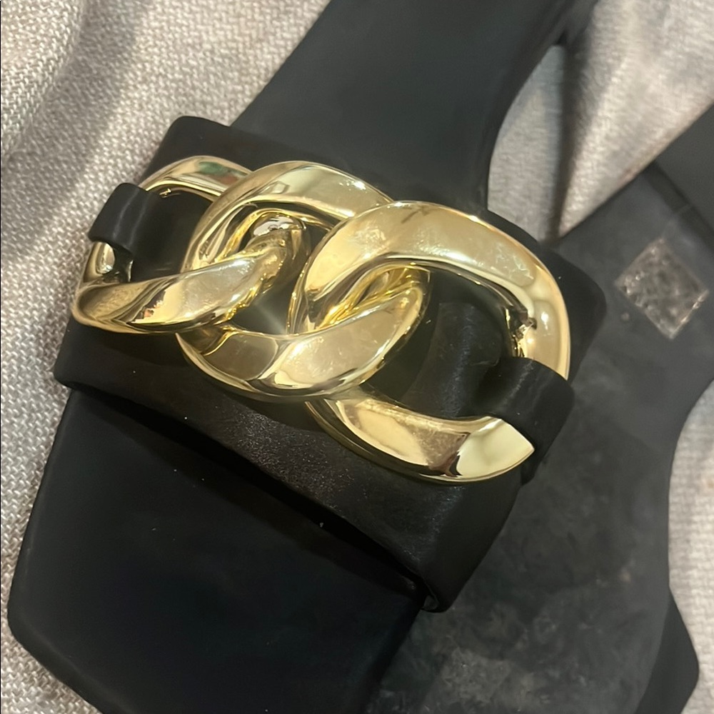 Jeffrey Campbell Black and Gold Sandals with Elegant Design size 10 square heel - Picture 6 of 8